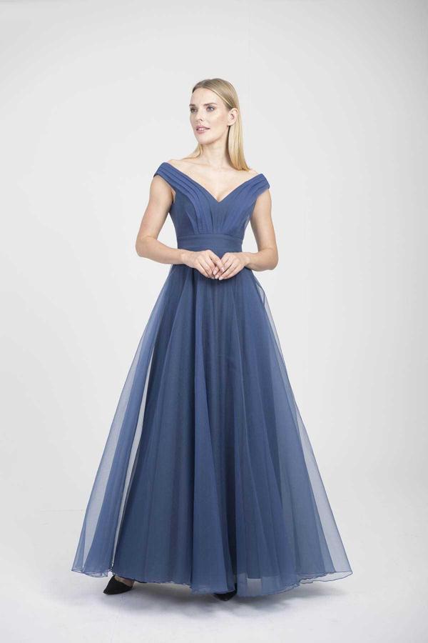 Doridorca Kadın V Yaka Abiye Elbise 5923038 Indigo - Image 1