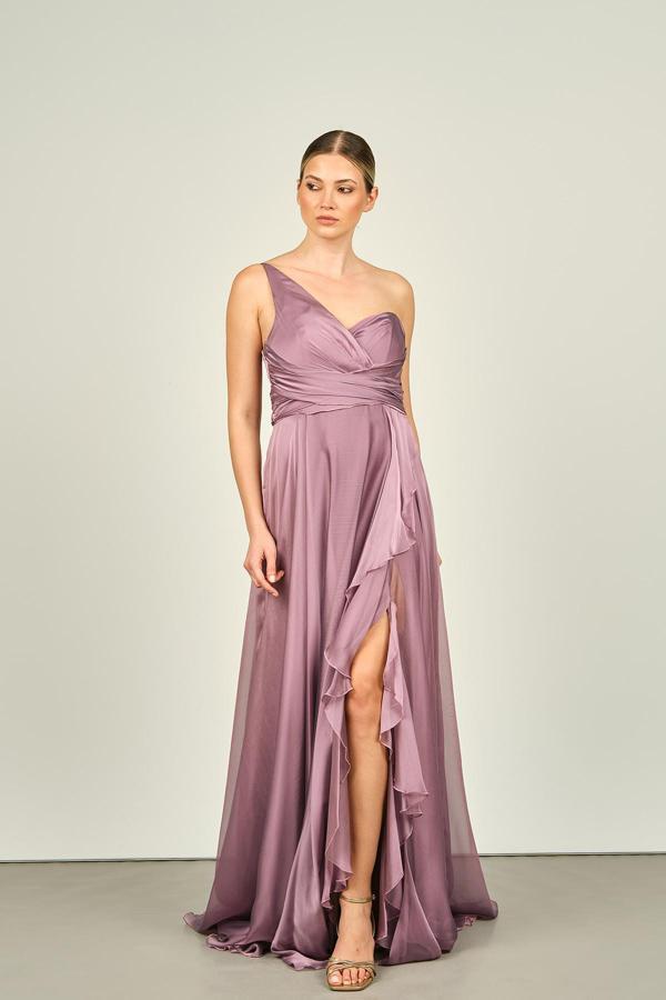 Doridorca Kadın Tek Omuz Yırtmaçlı Fırfır Detaylı Uzun Abiye Elbise 4082 Lavanta - Image 1