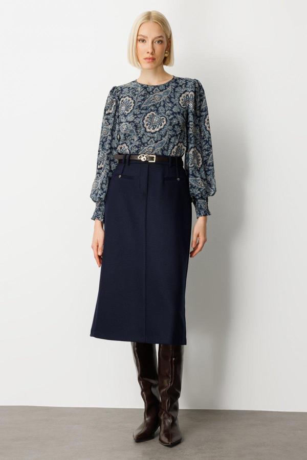 Ekol Kadın Beli Kemerli Yırtmaçlı Midi Etek 2009 Lacivert - Image 1