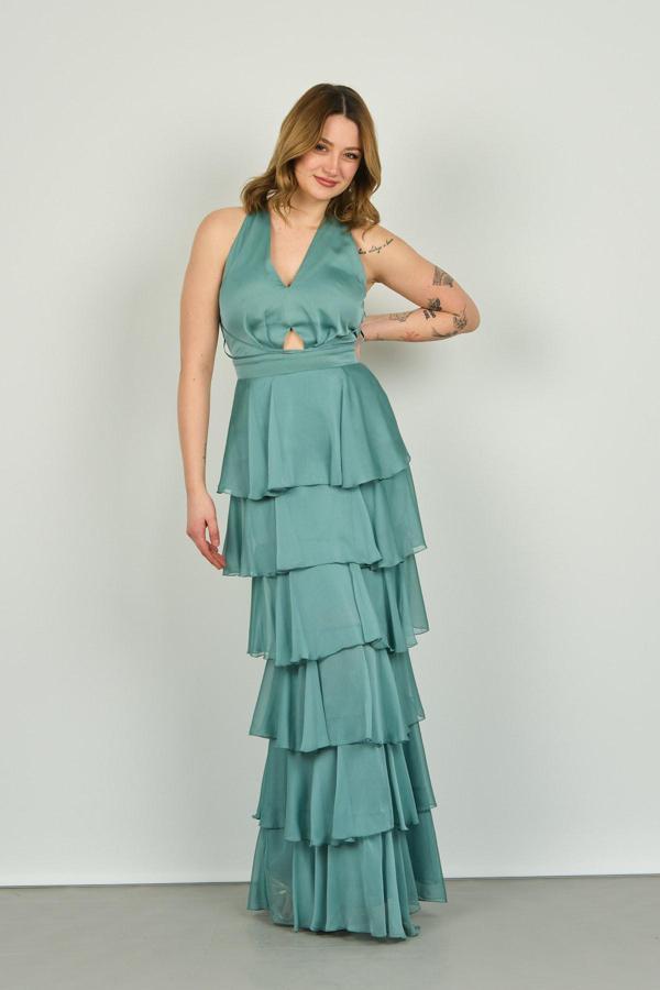 Doridorca Kadın Boyundan Bağlamalı Kat Detaylı Uzun Abiye Elbise 3039 Limon Küfü - Image 1