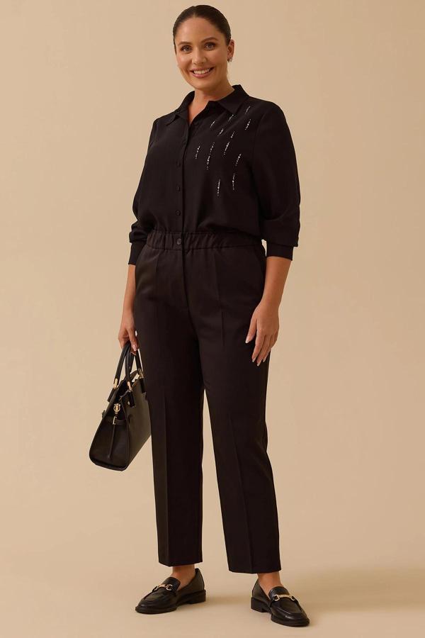 Galaxi Kadın Büyük Beden Tek Düğmeli Düz Paça Pantolon 4001 Siyah - Image 1