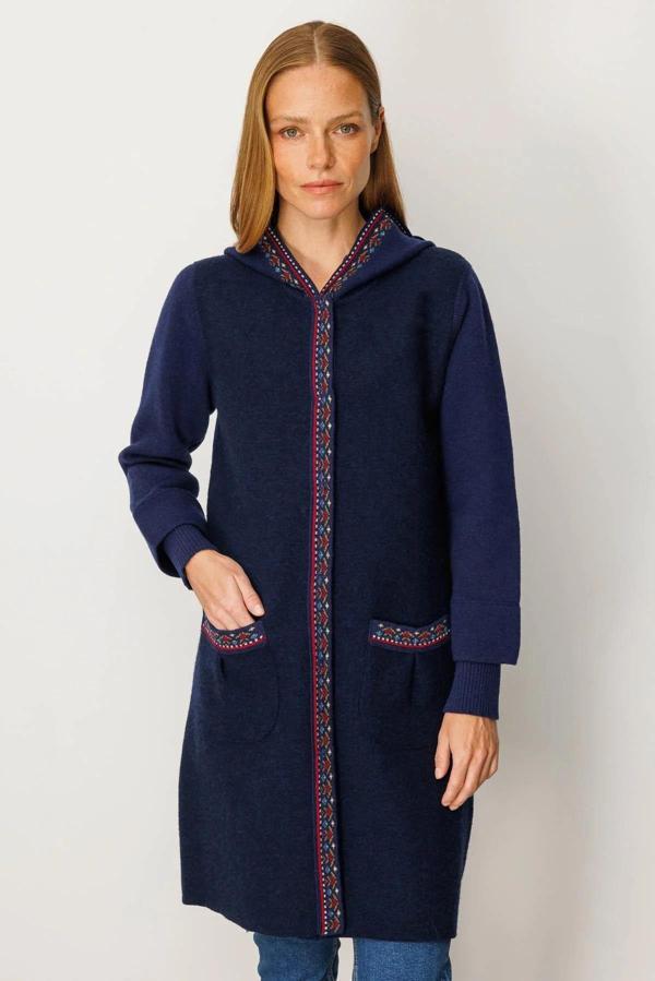 Desen Triko Kadın Kapüşonlu Önü Keçe Yün Kaban 25019 Y.A. Lacivert - Image 1