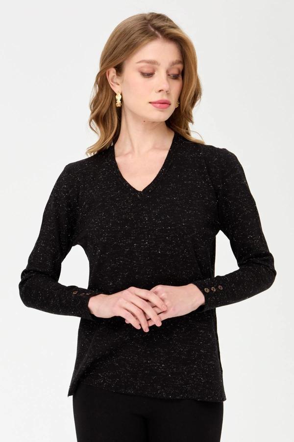 Desen Triko Kadın V Yaka Kolları Düğmeli Simli Bluz 23393 Siyah - Image 1