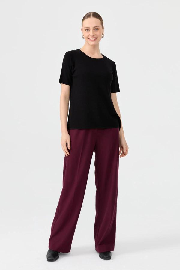 Desen Triko Kadın Sıfır Yaka Kısa Kollu Basic Yün Bluz 24112 Siyah - Image 1