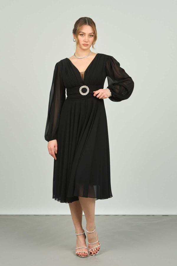 Dans Kadın Kolları Tül Derin V Yaka Abiye Elbise 1449 Siyah - Image 1