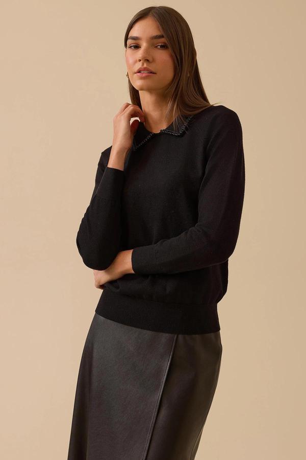 Seçil Kadın Boncuk Detaylı Bel Boy Triko Bluz 0008 Siyah - Image 1