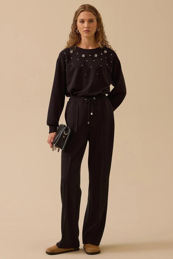 Seçil Kadın Bağcıklı Cepli Düz Paça Pantolon 0004 Siyah - Image 1