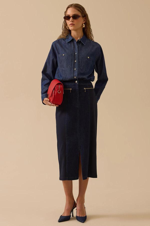 Seçil Kadın Çift Kumaşlı Yırtmaç Detaylı Jean Etek 0001 Lacivert - Image 1