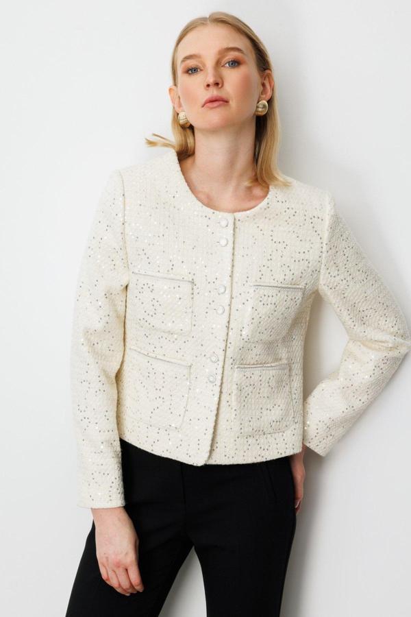 Ekol Kadın Pullu Şanel Ceket 5041 Ekru - Image 1