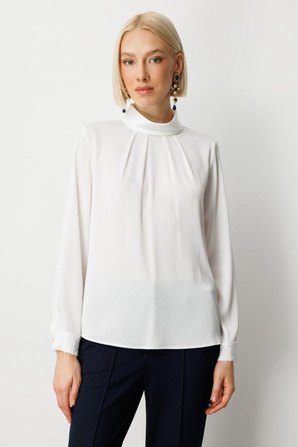 Ekol Kadın Önü Pileli Dantel Detaylı Bluz 3059 Ekru - Image 1