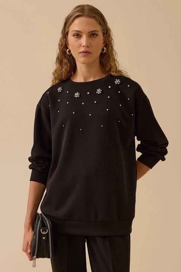 Seçil Kadın Yuvarlak Yaka Taşlı Sweatshirt 0001 Siyah - Image 1