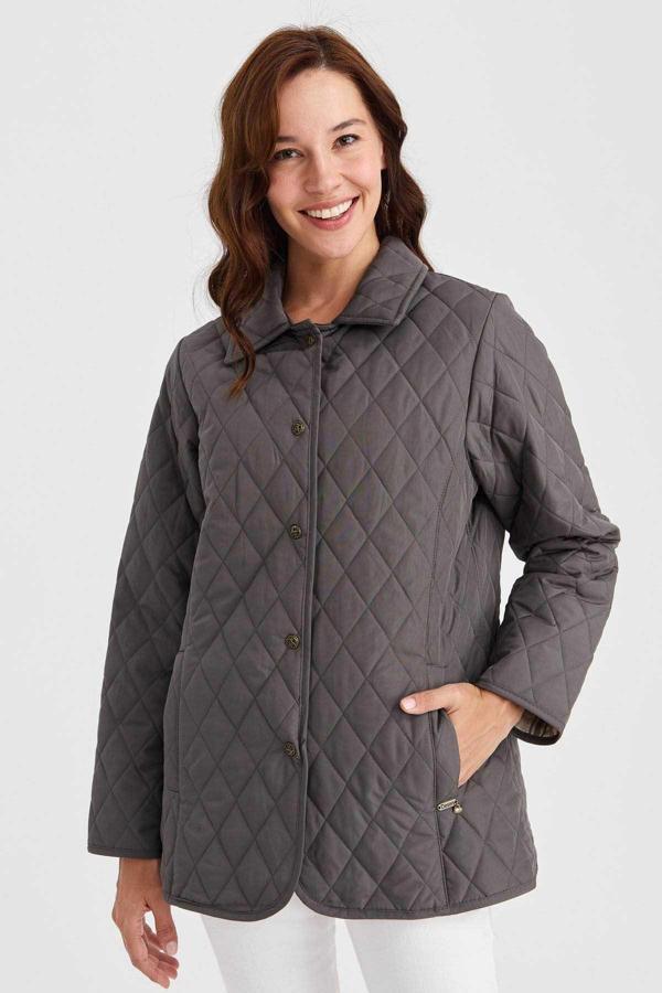 Desen Triko Kadın Kapitone Araboy Ceket 02421433 Gri - Image 1