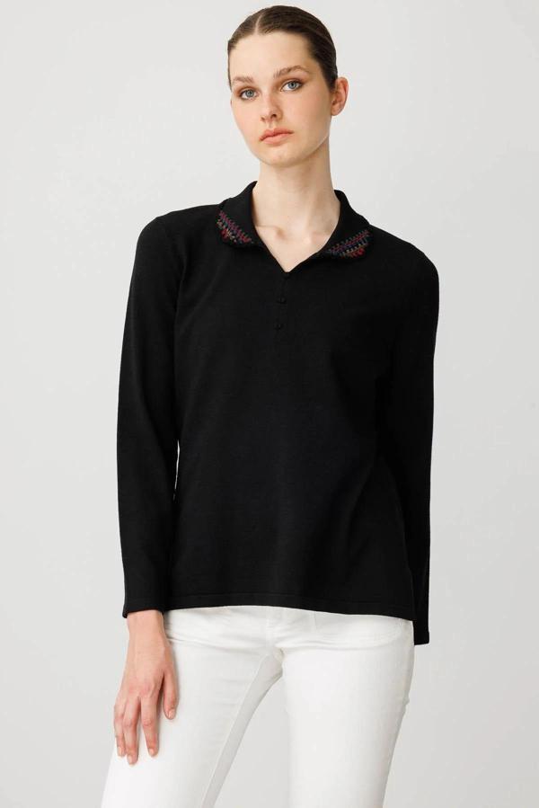 Desen Triko Kadın Polo Yaka Likralı Bluz 25091 Siyah - Image 1