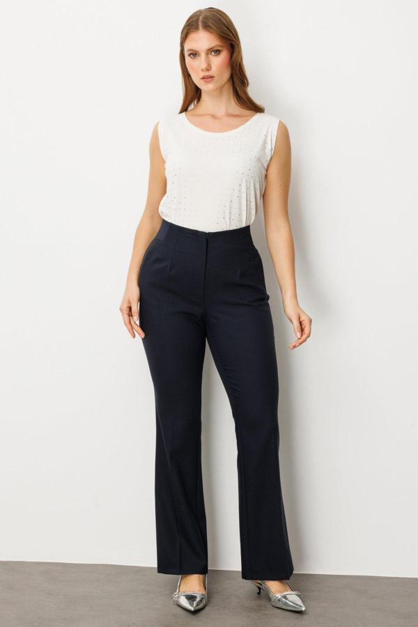 Ekol Kadın Büyük Beden Beli Kalın Lastikli İspanyol Paça Pantolon 1107 Lacivert - Image 1