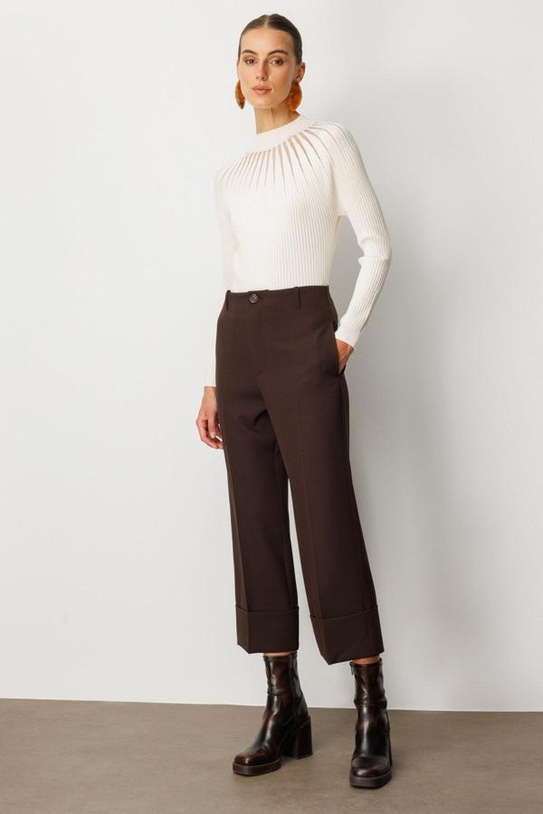 On Kadın Duble Paça Yan Cepli Pantolon 64127 Kahverengi - Image 1