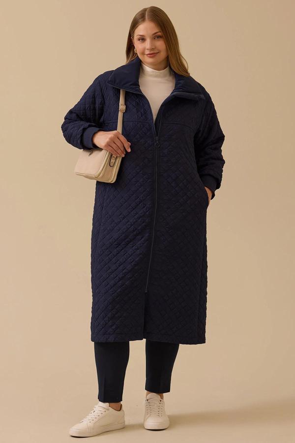 Galaxi Kadın Büyük Beden Kapitone Fermuarlı Pardesü 4002 Lacivert - Image 1