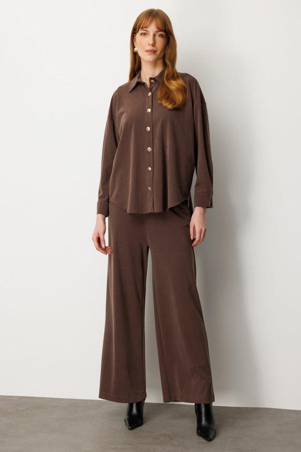 On Kadın Beli Lastikli Bol Paça Pantolon 66307 Kahverengi - Image 1