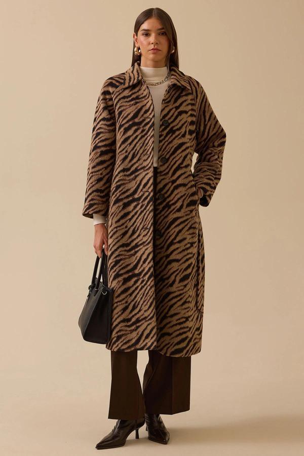 Seçil Kadın Leopar Desenli Kuşaklı Uzun Kaban 0004 Kahverengi - Image 1