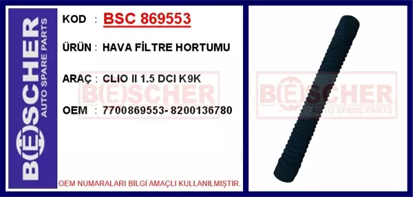 HAVA FİLTRE HORTUMU CLIO 2 1.5 DCI K9K 7700869553 8200136780 - Image 1