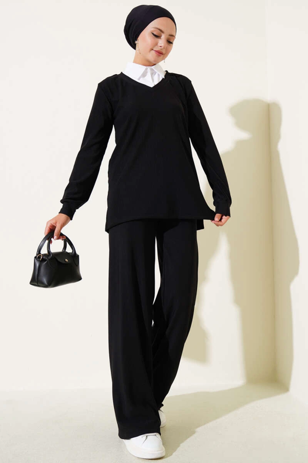 Gömlek Yaka Fitilli Salaş İkili Takım siyah T4300 - Image 1