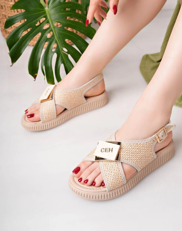 Cate Bej Hasır Cilt Sandalet - Image 1