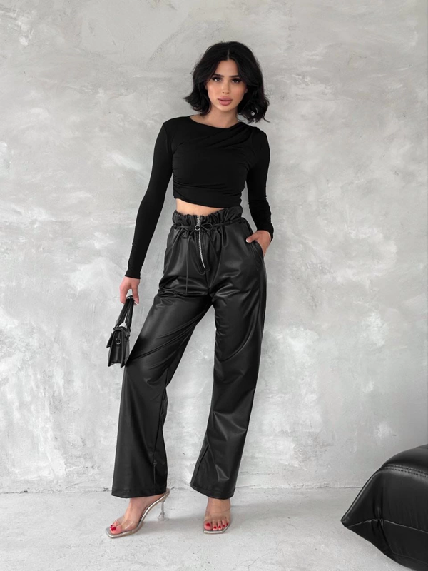 Kendinden ince kemerli deri pantolon siyah t1178 - Image 1