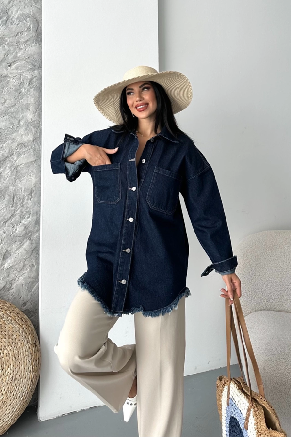 Cepli püsküllü kar yıkama kot ceket koyu mavi d2515 - Image 1