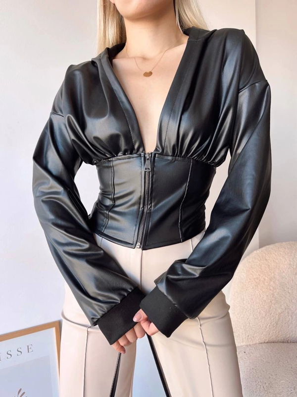 Kapşonlu yarım fermuarlı ceket siyah h24116 - Image 1