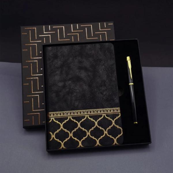 Gold Desen Siyah Deri Defter Kalem Set - Image 1