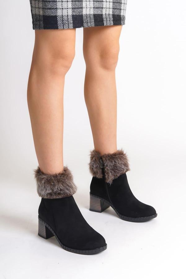 JULIA Fermuarlı Ortopedik Taban Tüylü Topuklu Süet Kadın Bot  SST - Siyah - Image 1