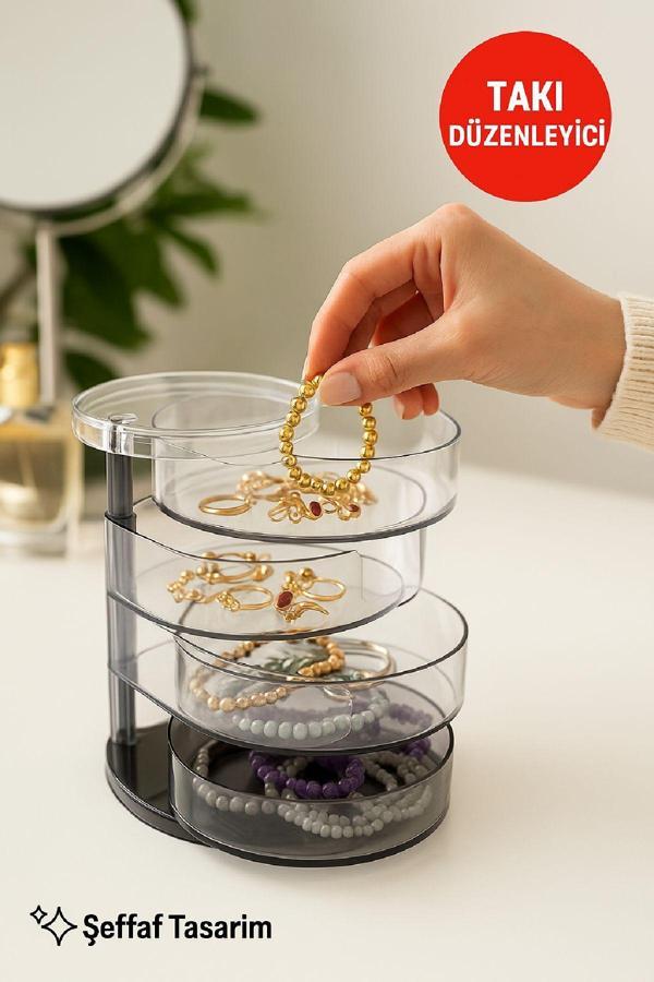 4 Katlı Şeffaf Döner Organizer – Takı, Makyaj ve Aksesuar Düzenleyici, Taşınabilir Tasarım Şeffaf - Image 1