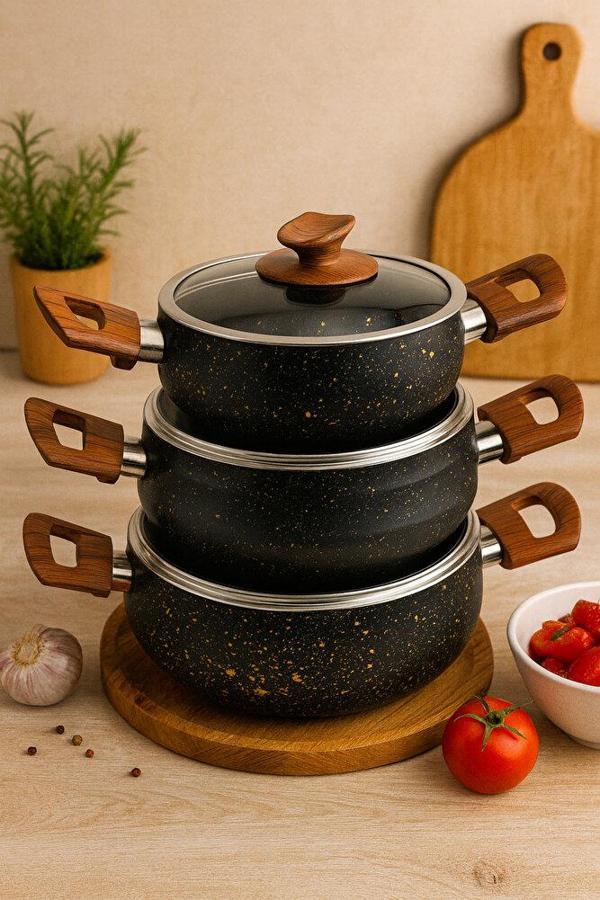 Evim Şahane Venüs Serisi Güveç Tipi Granit Tencere Seti – 16 cm, 18 cm, 20 cm, Yanmaz Yapışmaz - Image 1
