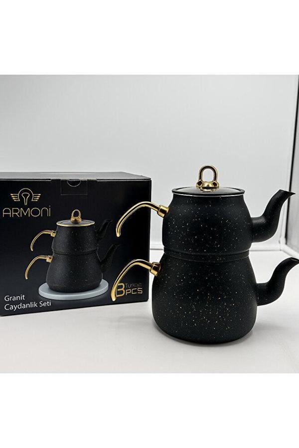 Armoni Gold Serisi Granit Çaydanlık Takımı – Isıya Dayanıklı, Şık Altın Detaylı Tasarım - Image 1