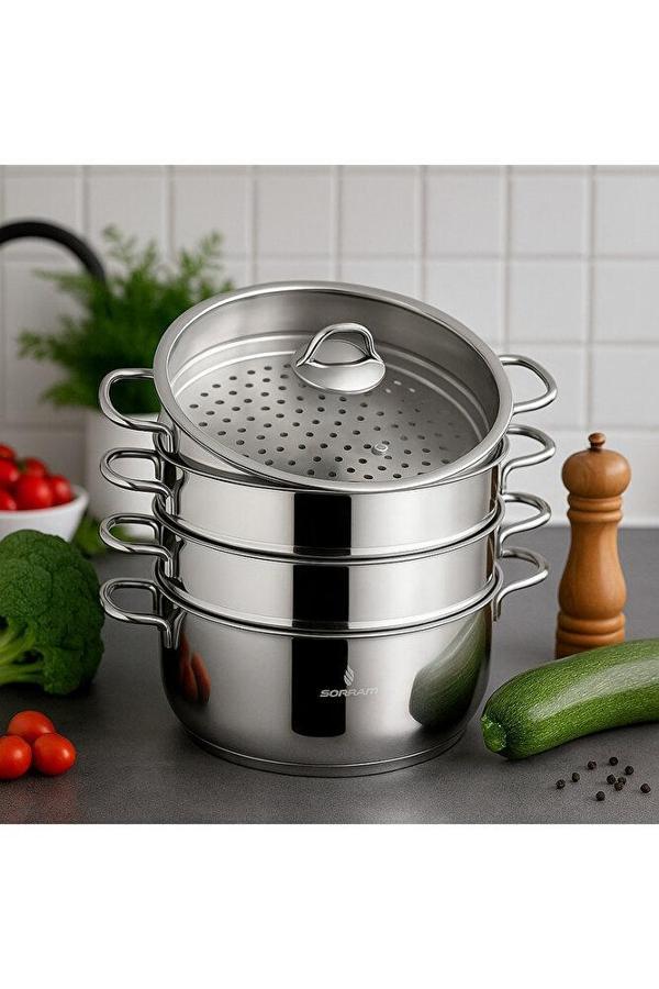 Sofram Soft Serisi 5 Parça 28 cm Mantı Tencere Seti – 304 Paslanmaz Çelik, İndüksiyon Uyumlu - Image 1