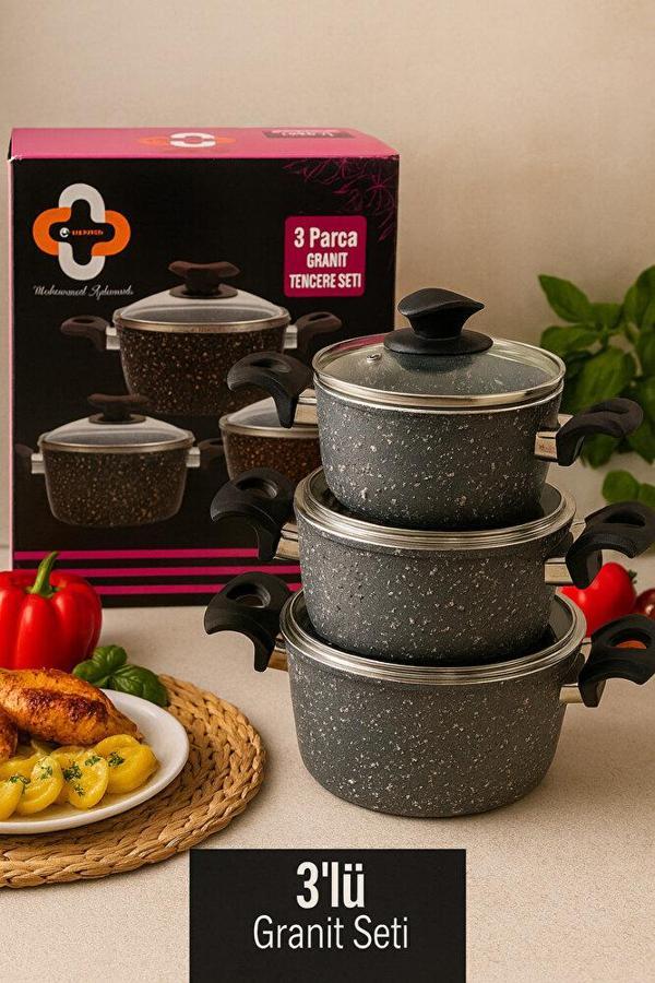 Palmiyra Ekonomik 6 Parça Granit Tencere Seti – 14 cm, 16 cm, 18 cm Derin Tencere, Yanmaz Yapışmaz - Image 1