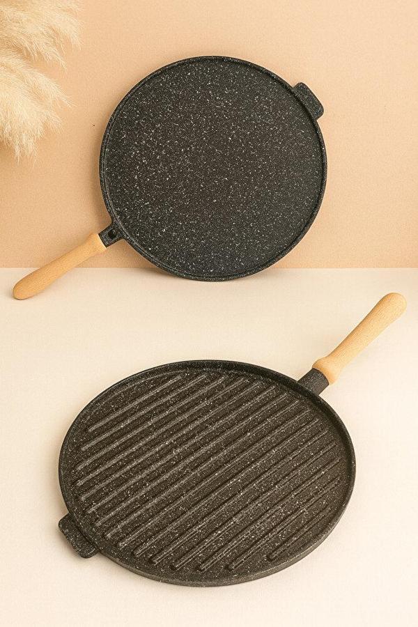 34 cm Çift Taraflı Döküm Gözleme Tavası – Et ve Hamur İşi İçin, Tak-Çıkar Saplı, Fırına Girebilir - Image 1