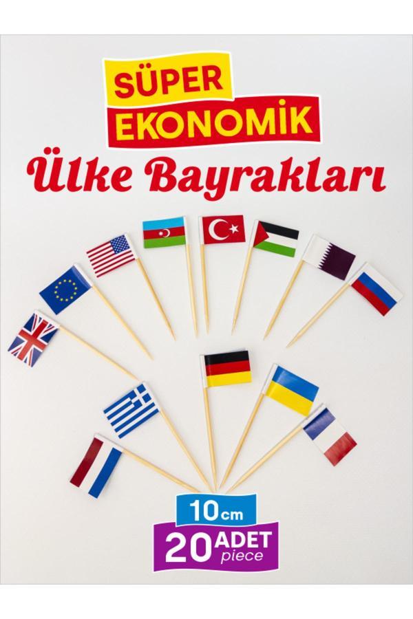 Bayrak Kürdan Süper Ekonomik Ülke Bayrakları, Türk Bayrağı Ve 12 Farklı Ülkenin Bayrağı - 10Cm 20 Adet - Image 1