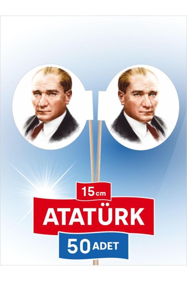 Bayrak Kürdan 15 Cm, 50 Adet - Atatürk Fotoğraflı Özel Oval Model  - Image 1