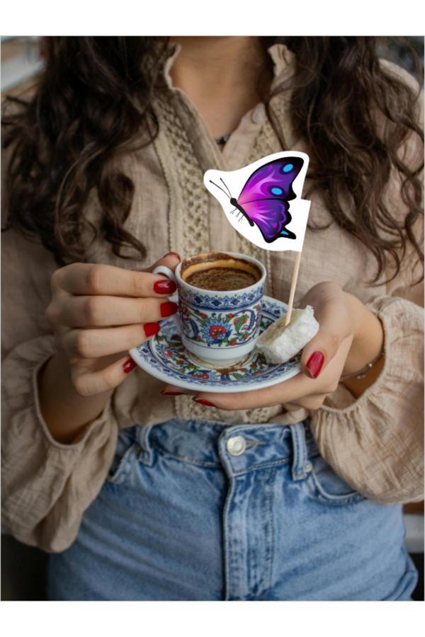 Bayrak Kürdan Mor Kelebek Baskılı Yemek, Pasta, Atıştırmalıklar İçin Bayraklı Kürdan 10Cm 30 Adet - Image 1