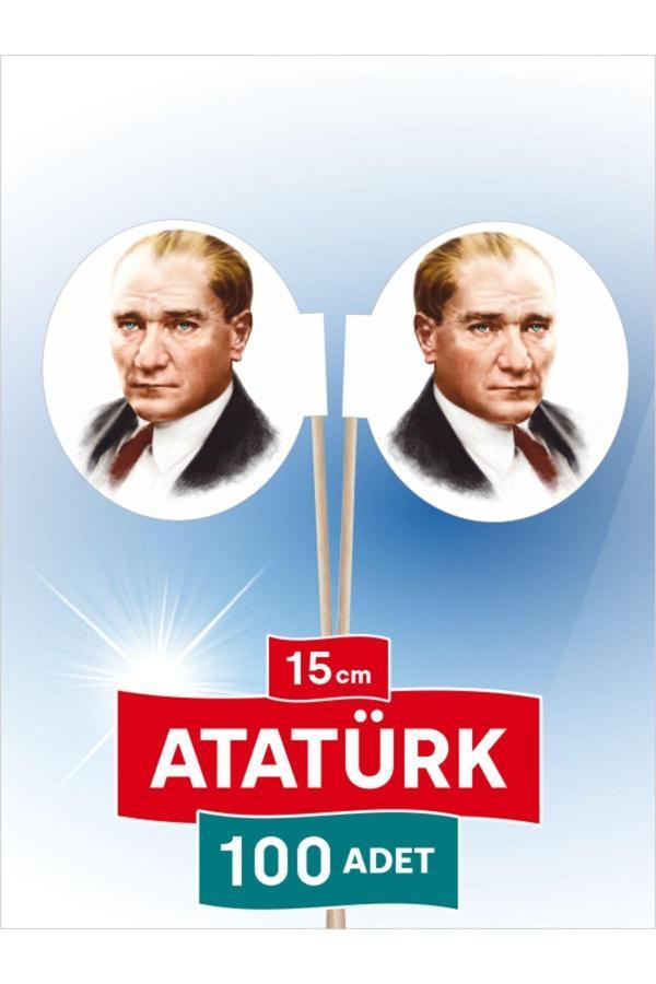 Bayrak Kürdan 15 Cm, 100 Adet - Atatürk Fotoğraflı Özel Oval Model  - Image 1