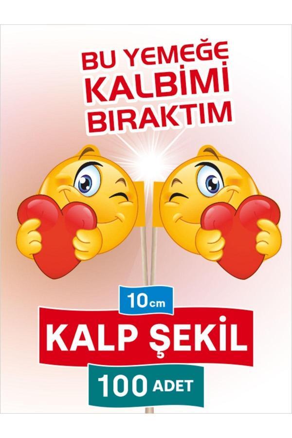 Bayrak Kürdan 10 Cm, 100 Adet - Bu Yemeğe Kalbimi Bıraktım, Kalp Emojili Pasta Kürdanı - Image 1