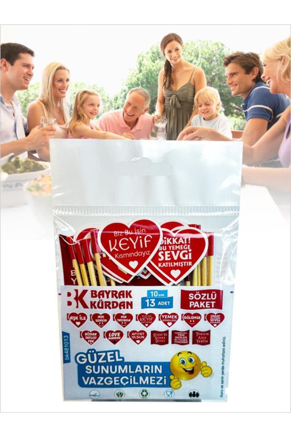 Bayrak Kürdan Güzel, Aşk Ve Yemek Sözleri İle Pasta, Yemek Kürdanları - 13 Farklı Model 10 Cm - Image 1