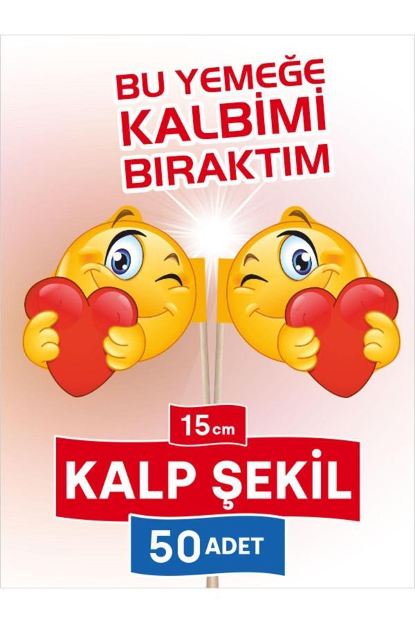 Bayrak Kürdan 15 Cm, 50 Adet - Bu Yemeğe Kalbimi Bıraktım, Kalp Emojili Pasta Kürdanı - Image 1