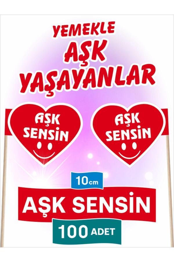 Bayrak Kürdan 10 Cm, 100 Adet - Aşk Sensin Kalp Model  - Image 1