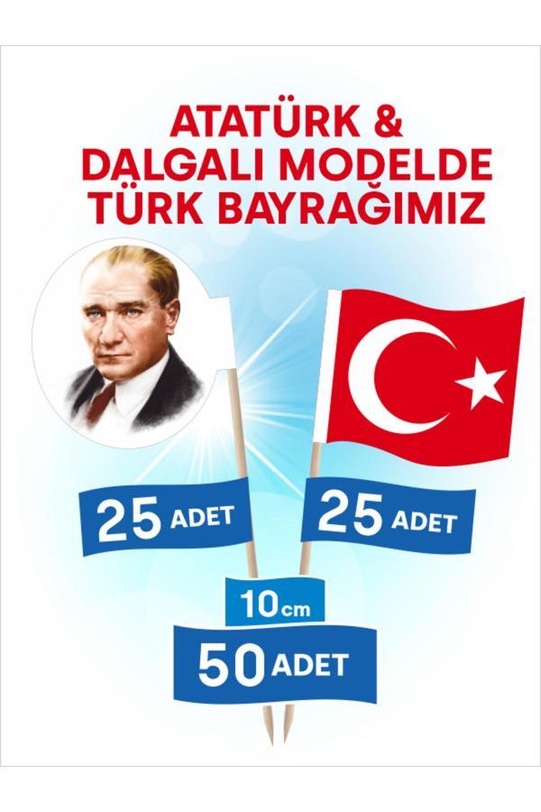 Bayrak Kürdan 10 Cm, 50 Adet - 25 Atatürk Ve 25 Türk Bayrağı Modeli -  - Image 1