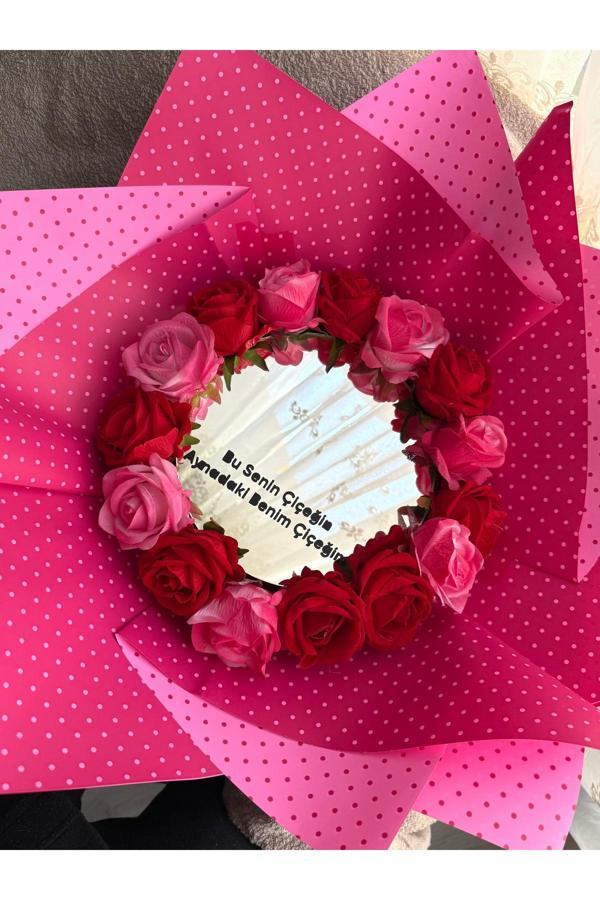 Dizayn Aynalı Buket Bu Senin Çiçeğin Aynadaki Benim Çiçeğim Yazılı - Image 1