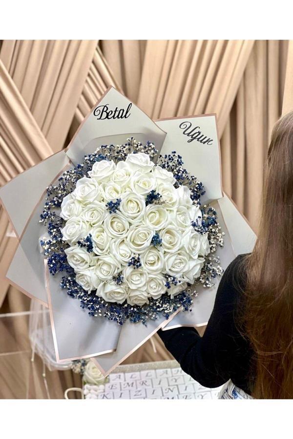 Dizayn Beyaz Kadife Gül Buketi - Söz , İsteme Buketi - Image 1