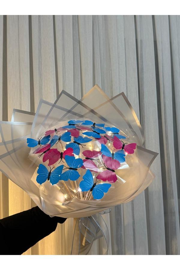 Brk Accessory Sevgililer Gününe Özel 20'Li Pembe & Mavi Ledli Kelebek Buketi - Image 1