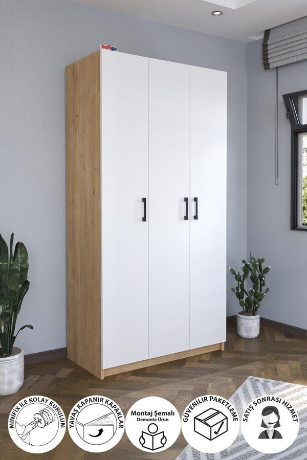 3 Kapaklı 8 Raflı Gardırop Elbise Dolabı 3 Kapaklı Gardırop Smyrna Safir Meşe Beyaz - Image 1