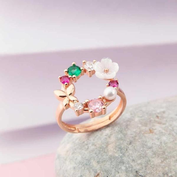 Gümüş Ayarlanabilir Rose Manolya Çiçeği Kadın Yüzük - Image 1